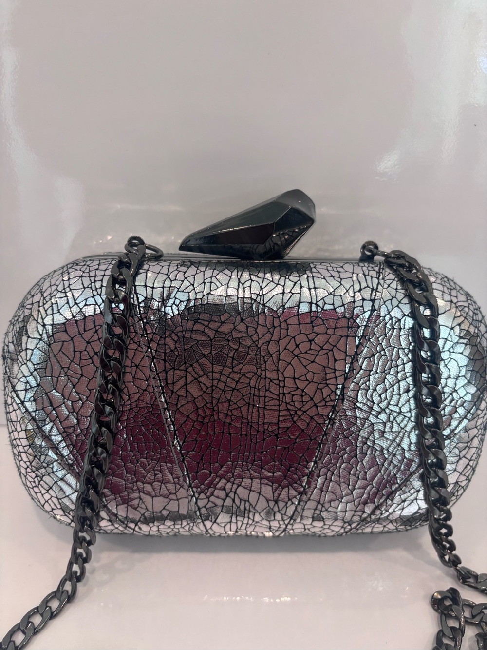 Silver Crackle Hard-Case Evening Clutch with Black Chain by limited edition - Picture 2 of 8